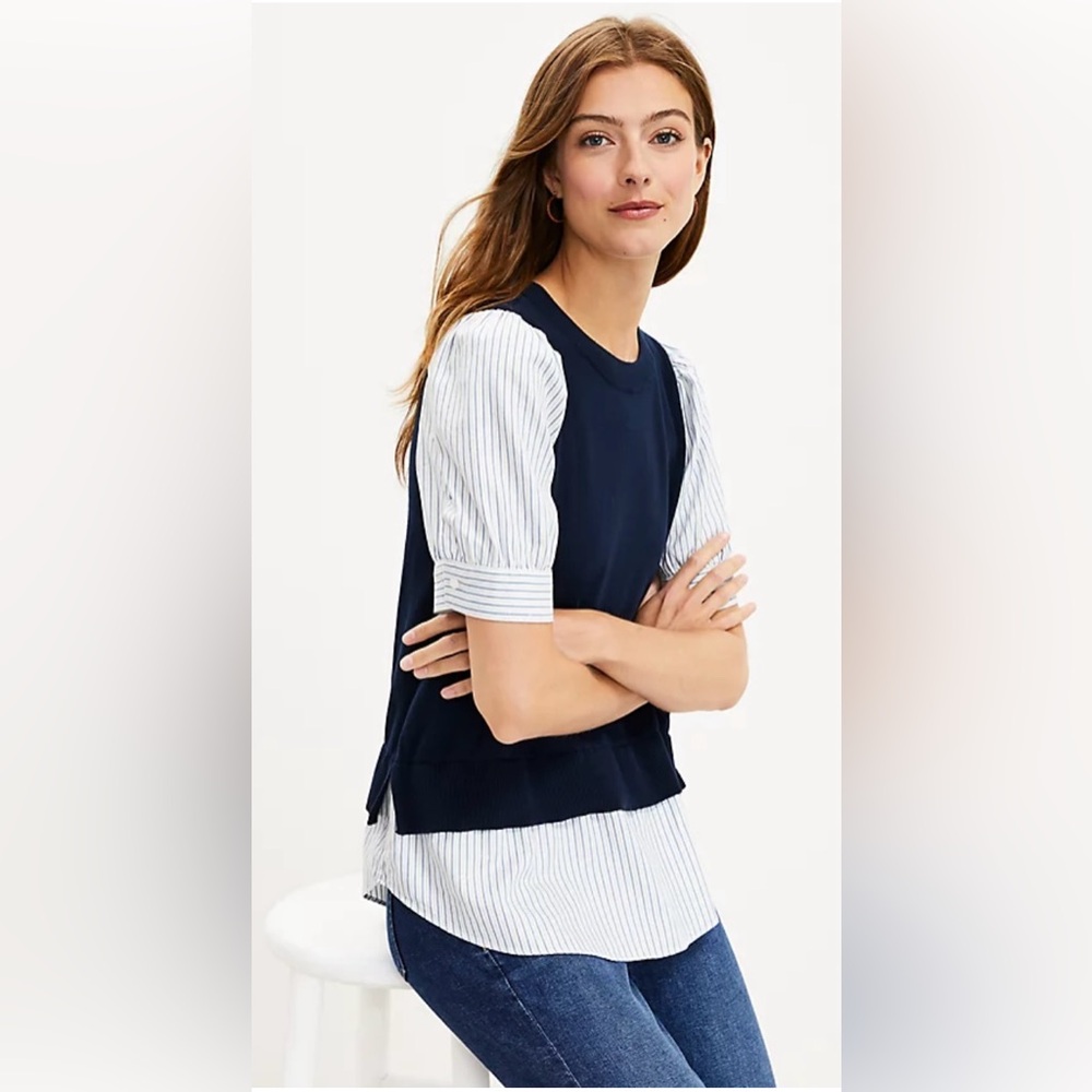 LOFT Mixed Media Blue Sweater with Puffed Pinstripe Sleeves - Size Small